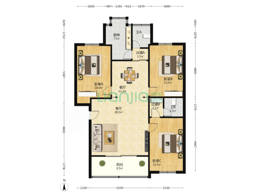 滨河小区颐安苑西区 3室2厅2卫 127平方