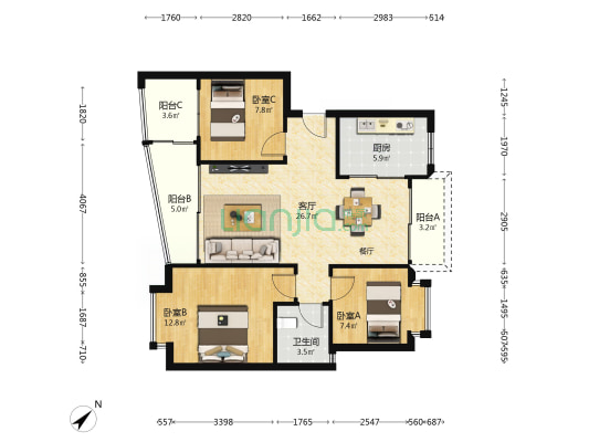 三板小区 3室1厅1卫 87平方