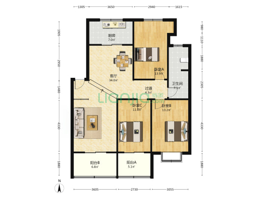 运新花苑 3室1厅1卫 118平方