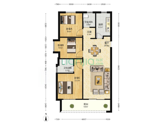 绿地城协子河畔F 3室1厅2卫 118平方