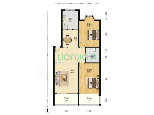 都市名苑 2室2厅1卫 120平方