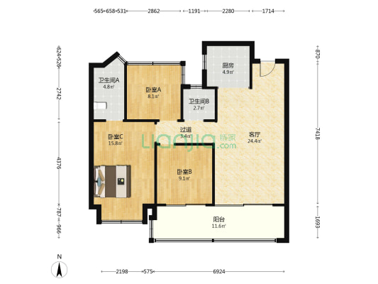 意禾阅湖源邸 3室1厅2卫 108平方