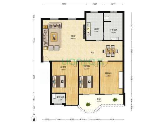 扬子洲宿舍 2室1厅2卫 142平方