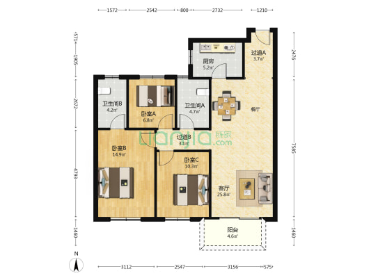 运河印象花园 3室1厅2卫 113平方