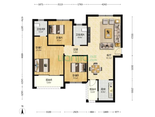 湘预家园 3室1厅2卫 119平方