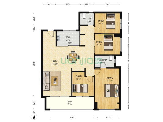 万科理想拾光 4室1厅2卫 143平方