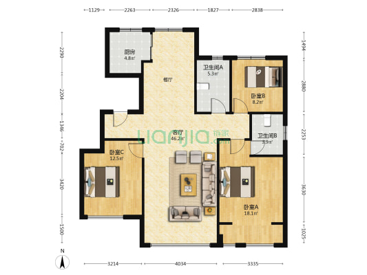庆福北里 3室1厅2卫 132平方