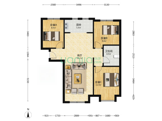 适合通勤的三居，南北通透，低楼层，品牌物业，-户型图