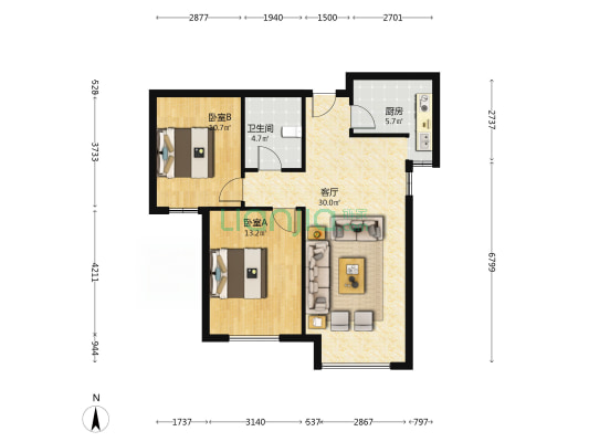 精装修 南向2居 采光好 无遮挡 满五唯一-户型图