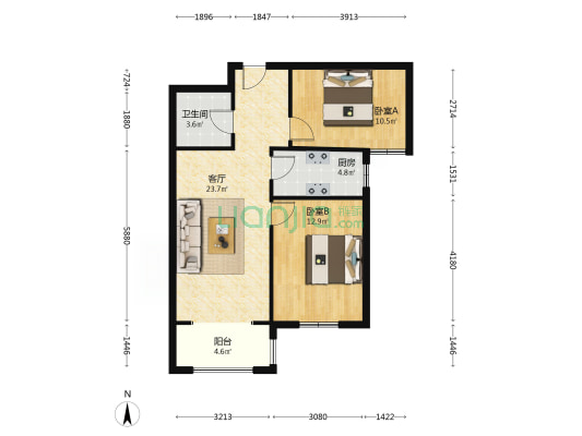 鹏渤印象城牛津花园 2室1厅 南 北-户型图
