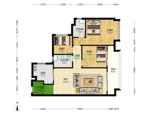 中海雍景熙岸 3室1厅2卫 102平方
