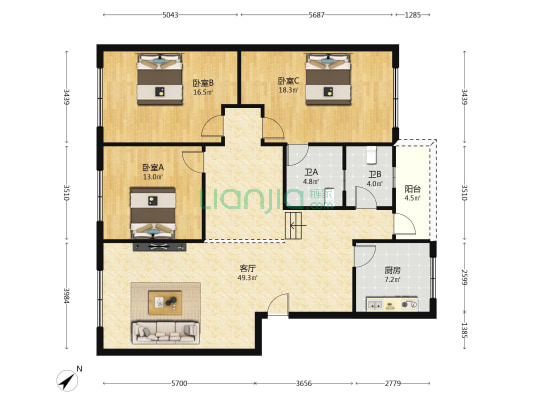 金秀公寓五区 3室1厅2卫 144平方