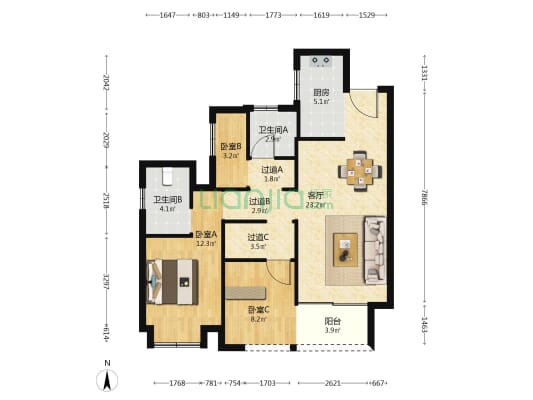 阳光城翡丽公园 3室1厅2卫 89平方