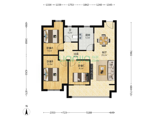 张家港天璞花园 3室1厅1卫 92平方