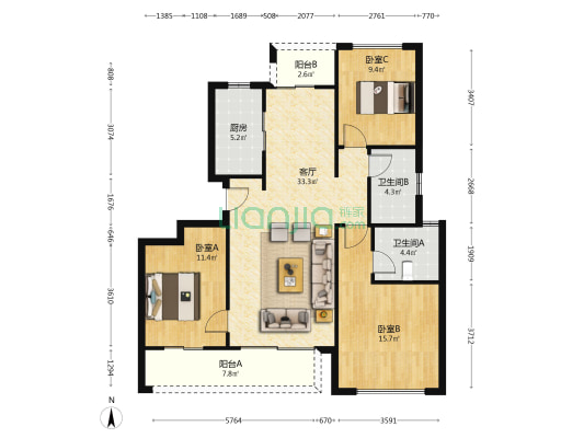 中国铁建棠樾 3室1厅2卫 114平方