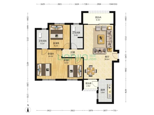 洋湖明园一期 3室1厅2卫 119平方