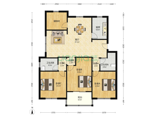 康力花园 3室1厅2卫 135平方