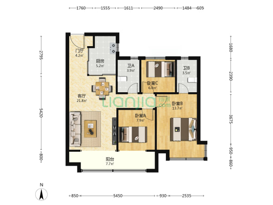 花海紫荆院 3室1厅2卫 109平方