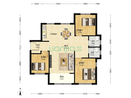 天洲十里长安 3室1厅2卫 119平方