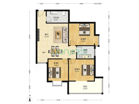 黄河集团有限公司三十七街坊小区 3室1厅1卫 118平方