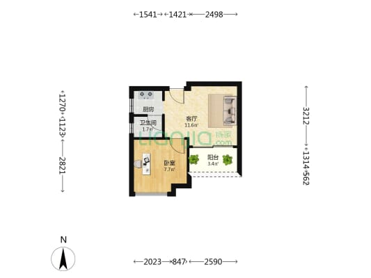 景山花园二期 1室1厅1卫 32平方