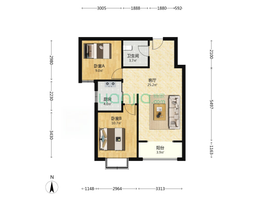 开发区电梯南向两居精装总价低税费低-户型图