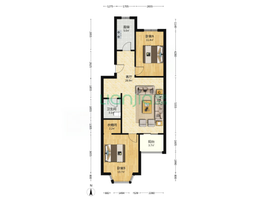房子南北通透两居，好楼层。房本満二-户型图