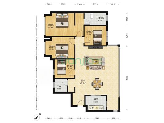 国贸鹭原 4室1厅2卫 119平方