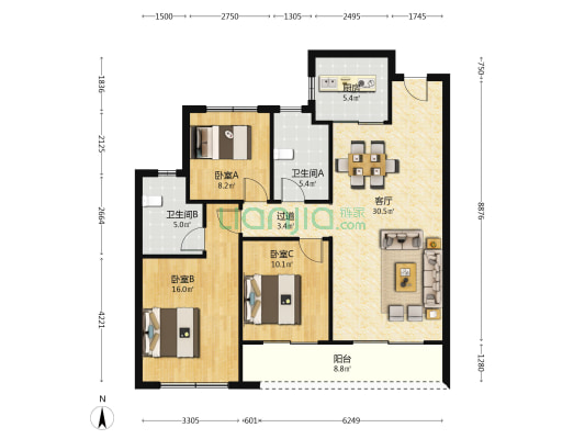 杭曜置地中心二区 3室1厅2卫 118平方