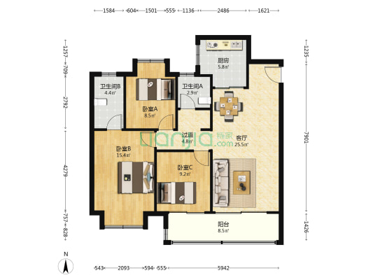 远洋万和方山望 3室1厅2卫 107平方