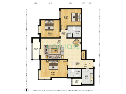 君安家园东区 3室1厅2卫 144平方