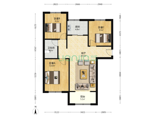 牛津花园 南北三居室 自住装修 带地下室-户型图