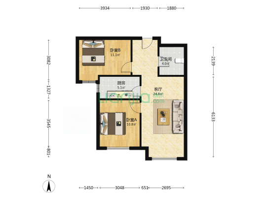 南向2居毛坯随意装修 户型方正 中间楼层采光充足-户型图