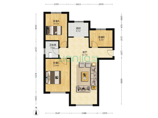 西户 明卫 南北通透三居 毛坯 楼下公园 视野开阔-户型图
