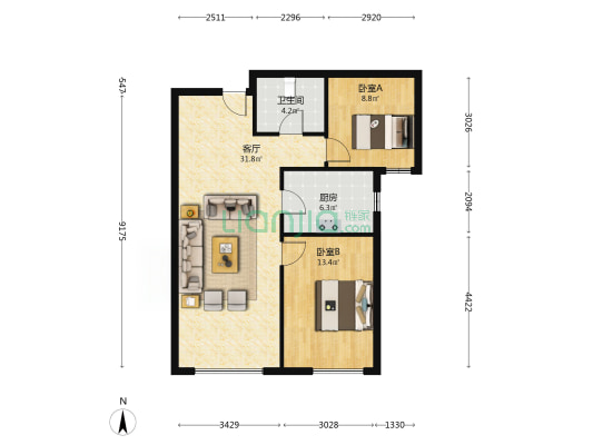 新干线经典两居急售，毛坯房随意装修-户型图