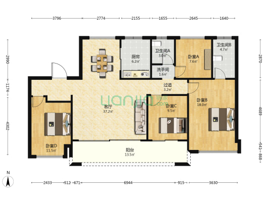 信达督府天承北区 4室1厅3卫 144平方