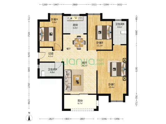 天汇龙城龙桂苑（九期） 3室1厅2卫 120平方