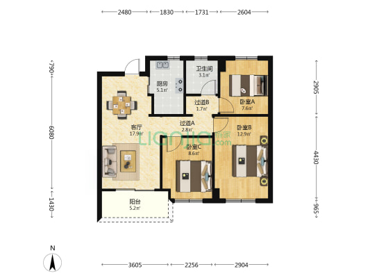 国控绿城桂语和风 3室1厅1卫 88平方