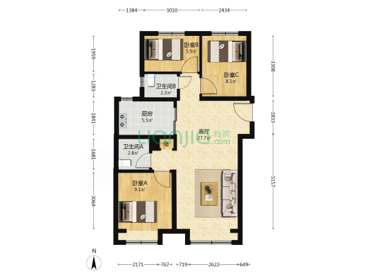 北清橡树湾 3室1厅2卫 94平方