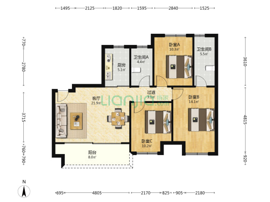 翡丽东方花园 3室1厅2卫 104平方