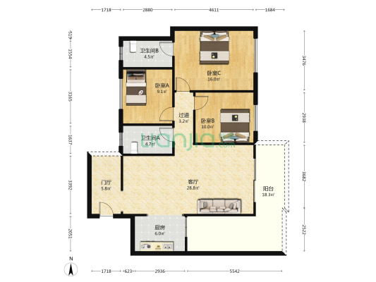 瀚城绿洲 3室1厅2卫 104平方