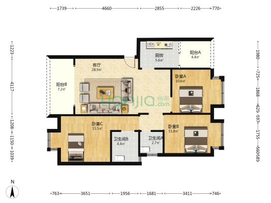 盛景佳苑 3室1厅2卫 101平方