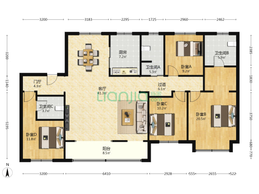  4室1厅3卫 180平方
