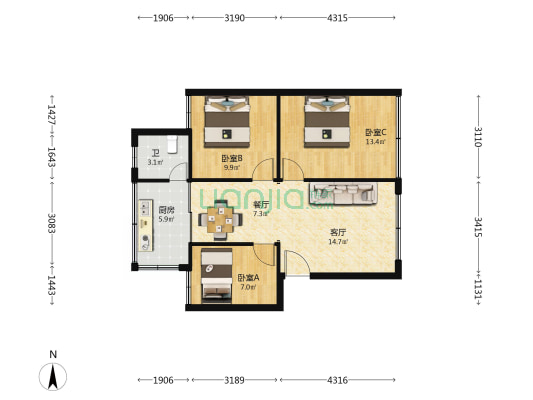 中铁修配小区 3室2厅1卫 67平方