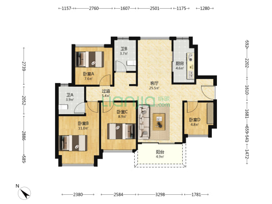 港龙滨江公园 4室1厅2卫 96平方