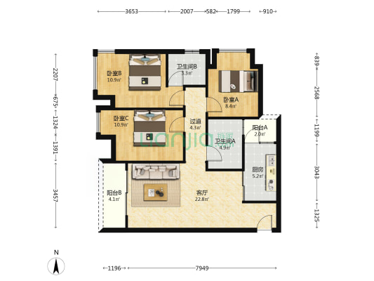 御华兰亭三期 3室1厅2卫 98平方