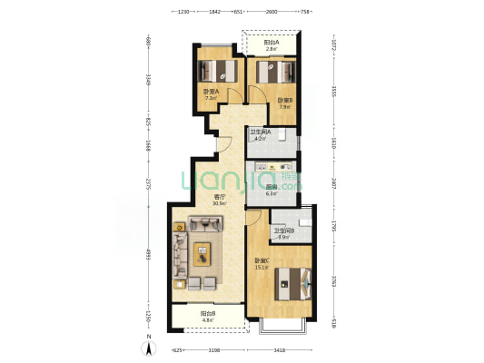 恒大锦城一期2组团 3室1厅2卫 105平方