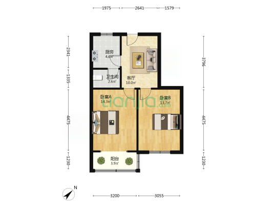 夹河路36到38号 2室1厅1卫 58平方
