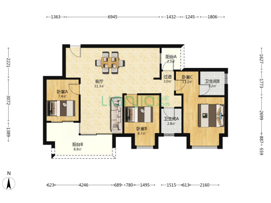 晓风江南 3室1厅2卫 89平方