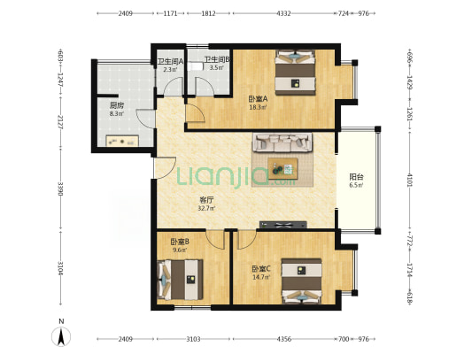 新民公寓 3室1厅2卫 110平方
